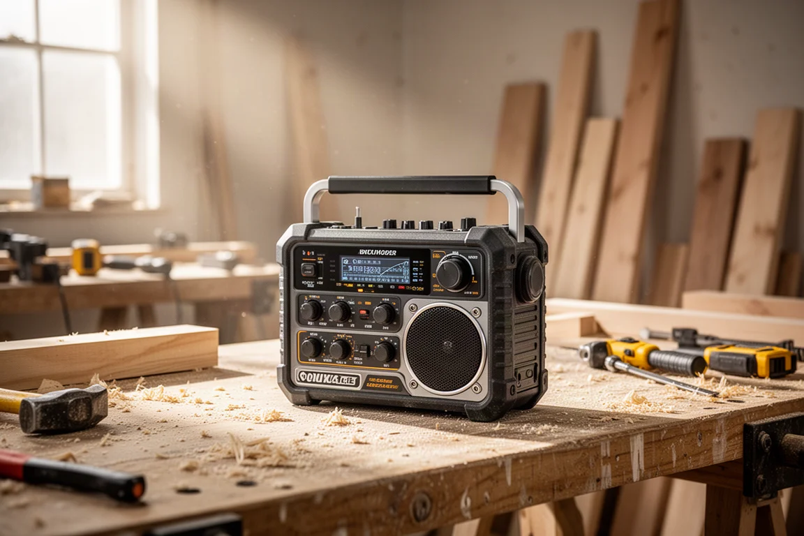 Compact Bluetooth speaker sitting on a sawhorse at a busy construction site