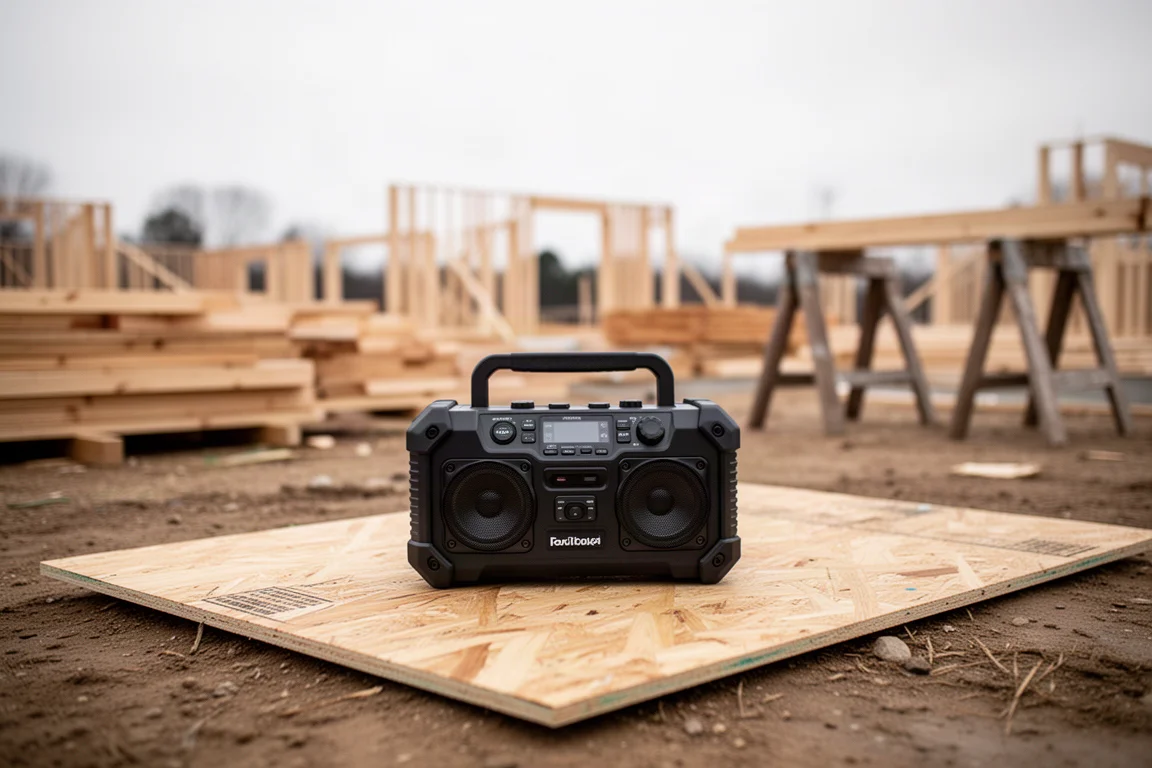 Job site radio playing on a workbench with cordless tools arranged around it