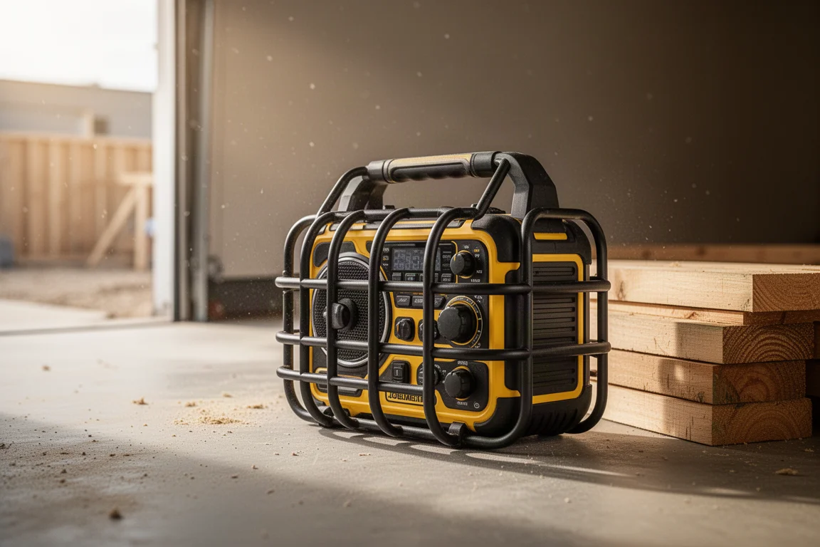 Large cube-shaped job site radio on a jobsite table with speakers firing outward
