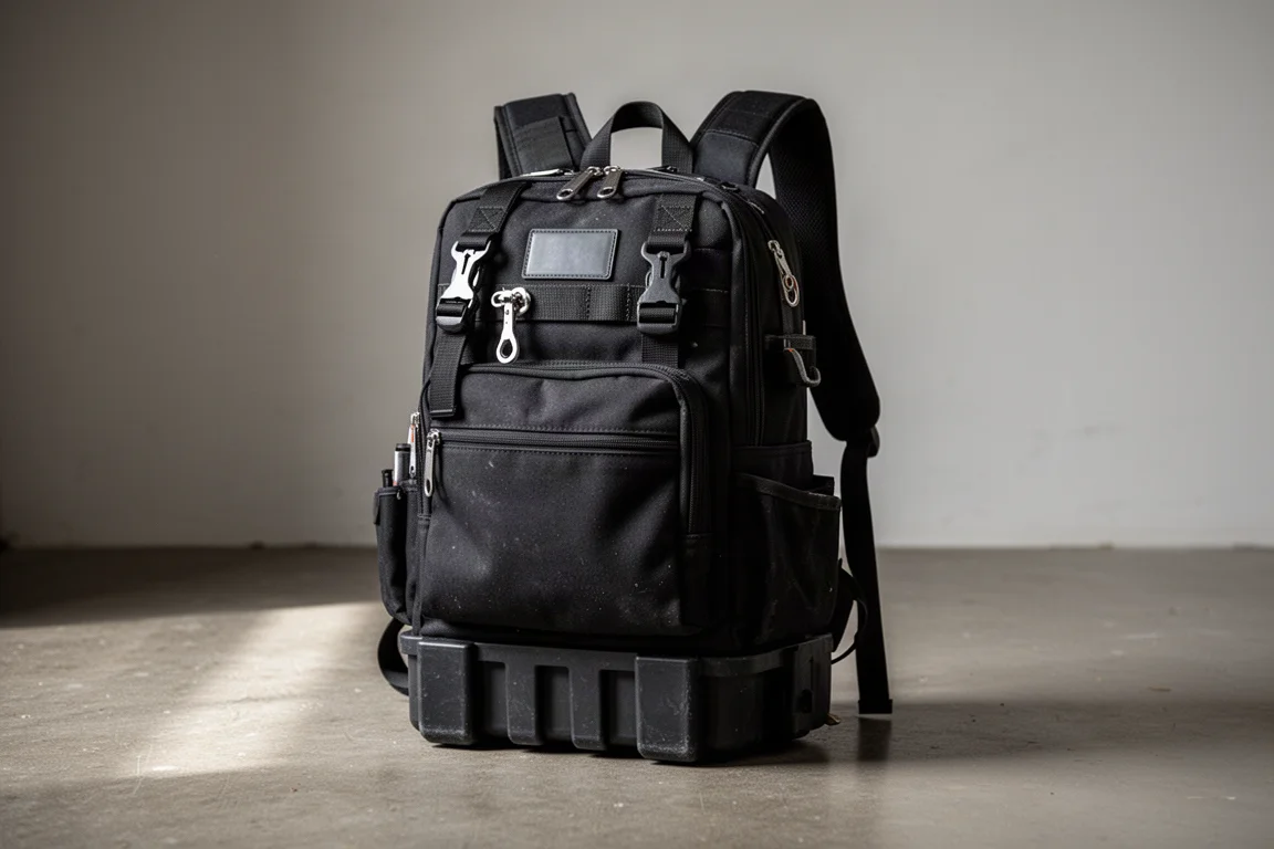 Heavy-duty jobsite backpack standing on a workshop floor with hard base panels