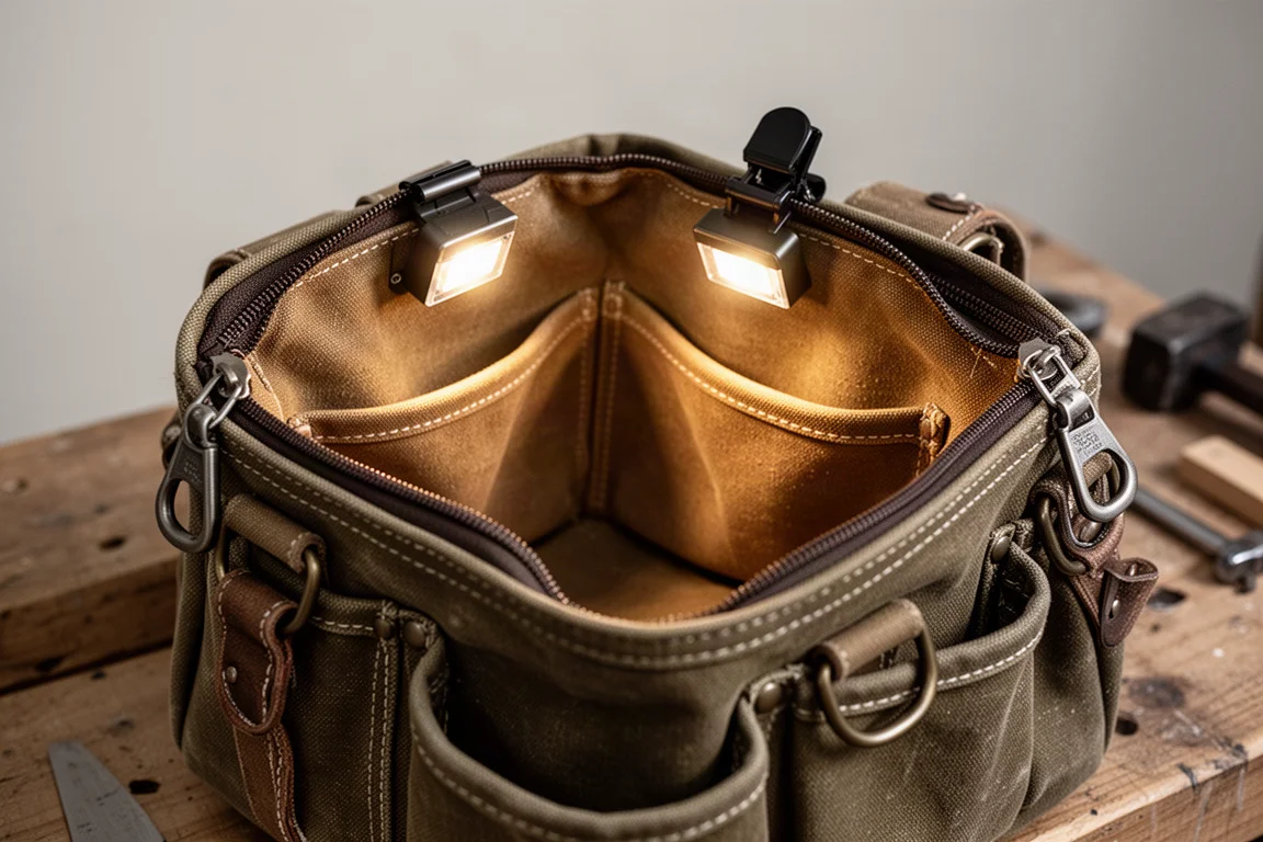 Open-mouth tool bag with interior LED light glowing over tool pockets