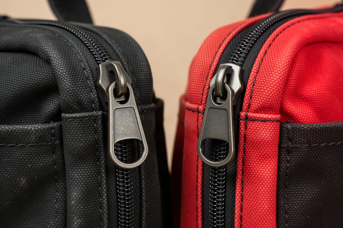 Detail comparison of oversized beefy zippers on two tool bags