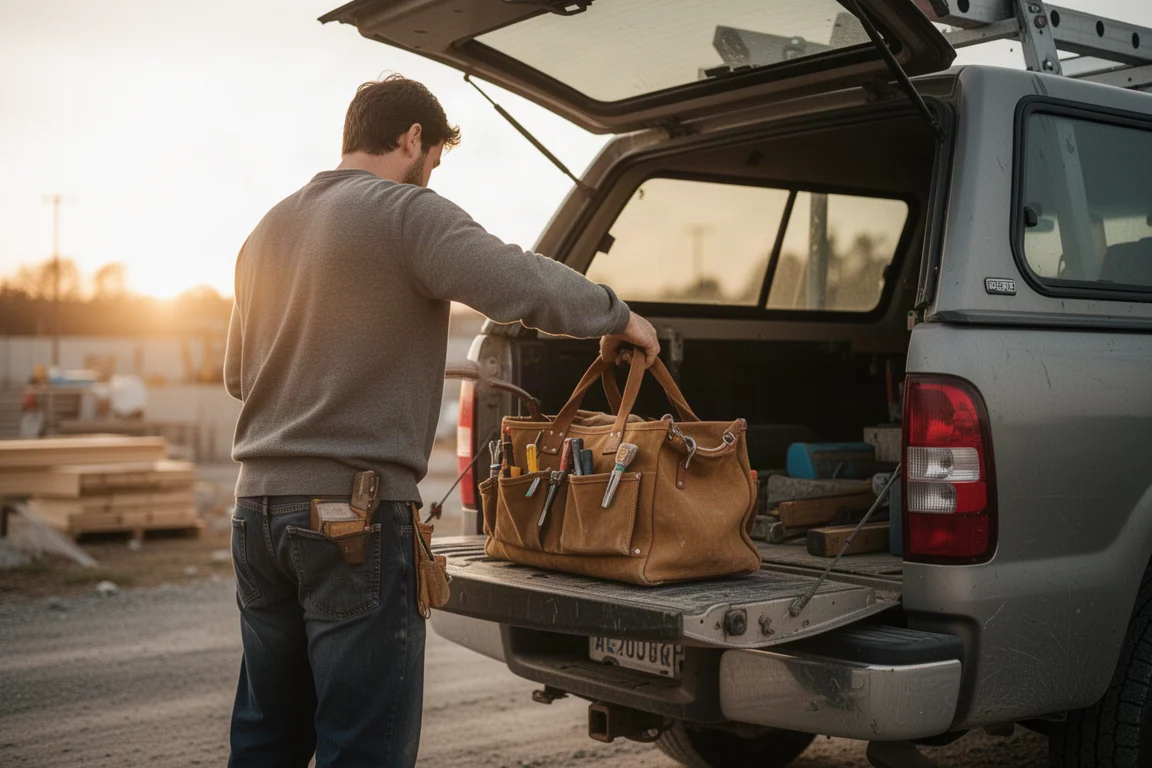Tradesperson loading a tool bag into a work truck at golden hour