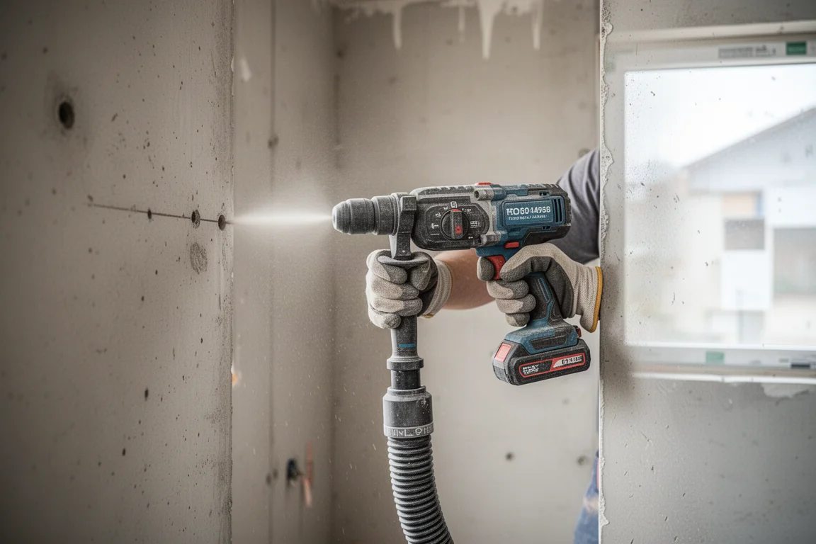 Contractor drilling into a concrete wall with a cordless rotary hammer on a jobsite