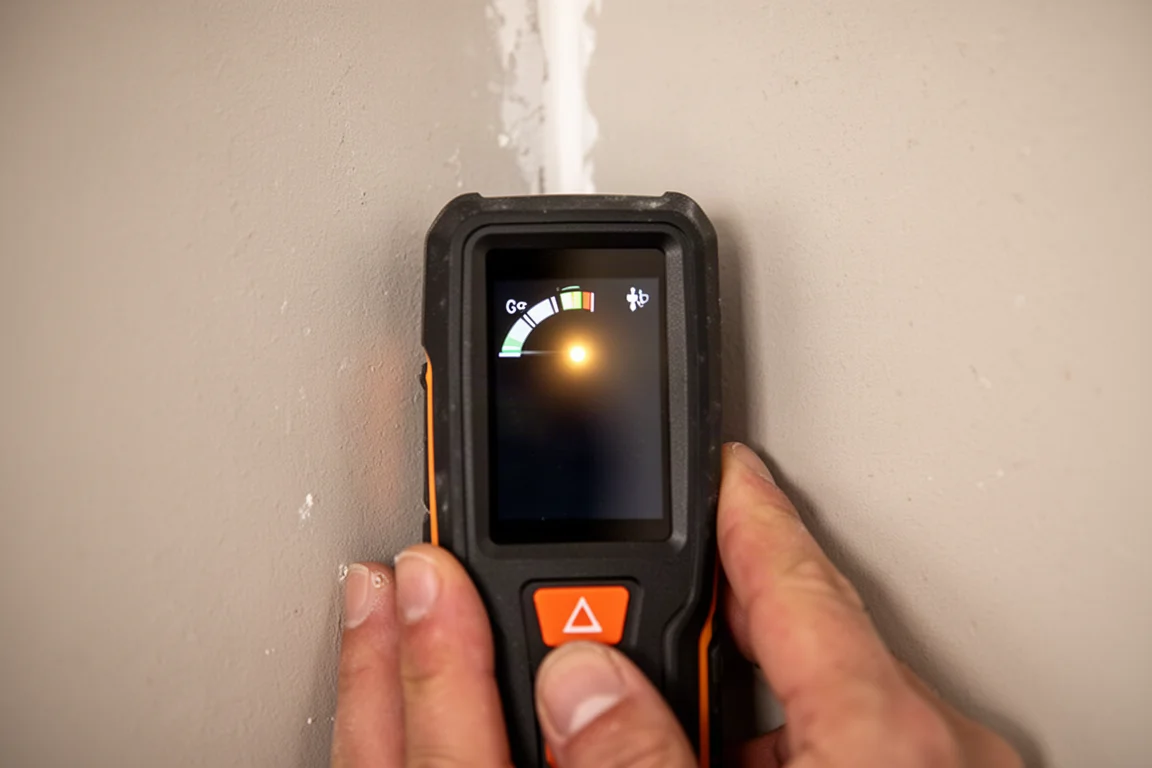 Wall scanner placed flat against a drywall surface showing a depth reading