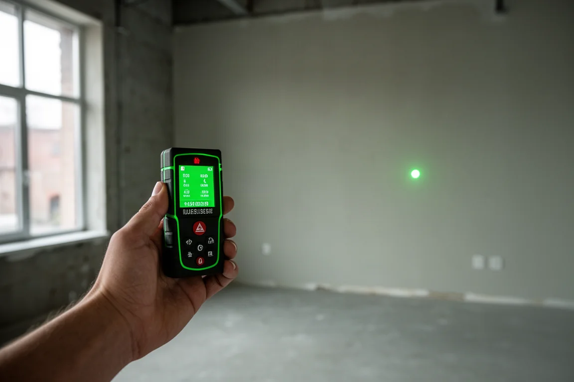 Green laser distance measure held against a wall during an interior measurement