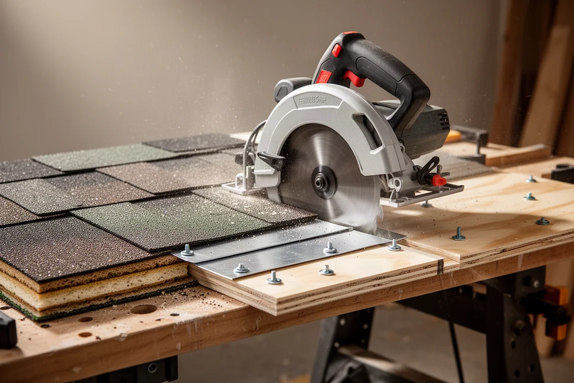Circular saw mid-cut through layered roofing material and lag bolts on a workbench