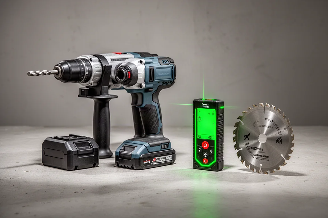 Jobsite tools including rotary hammer, scanner, laser measure and saw blade on concrete