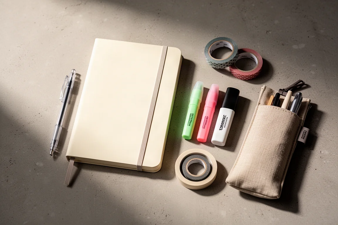 Flat-lay journaling kit with notebook, pen, marker, washi tape, and pen case on concrete