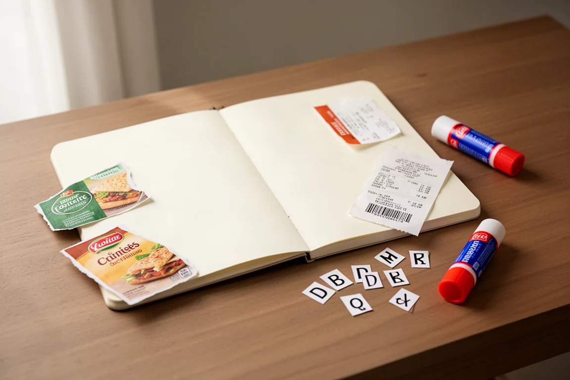 Cuaderno abierto con un collage de entradas de eventos y envases sobre una mesa de madera