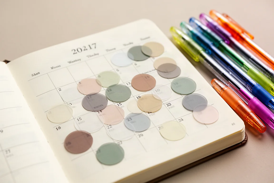 Página de calendario mensual sin fechas decorada con pegatinas circulares translúcidas
