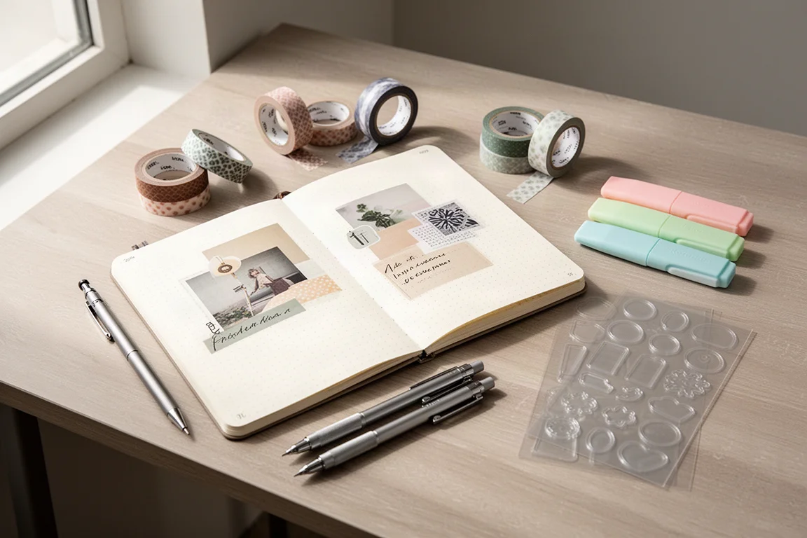 Flat-lay di un diario aperto con washi tape, evidenziatori, matite e adesivi su una scrivania di legno