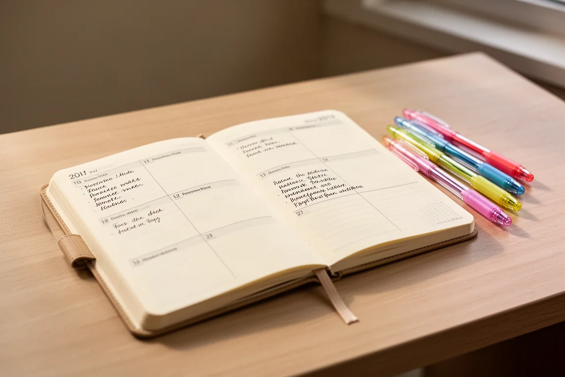 Diario aperto con piccole sezioni di scrittura compilate a mano e penne colorate nelle vicinanze