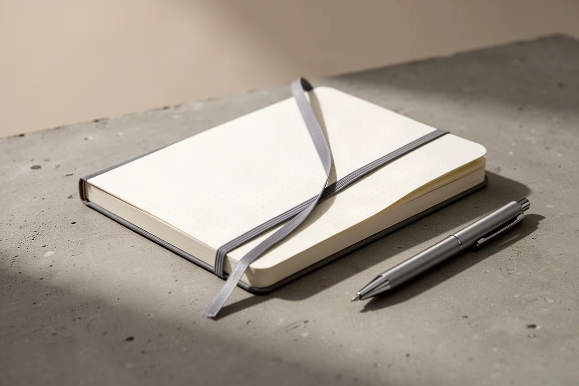 Quaderno a puntini con copertina rigida, chiusura elastica e segnalibro a nastro su una scrivania