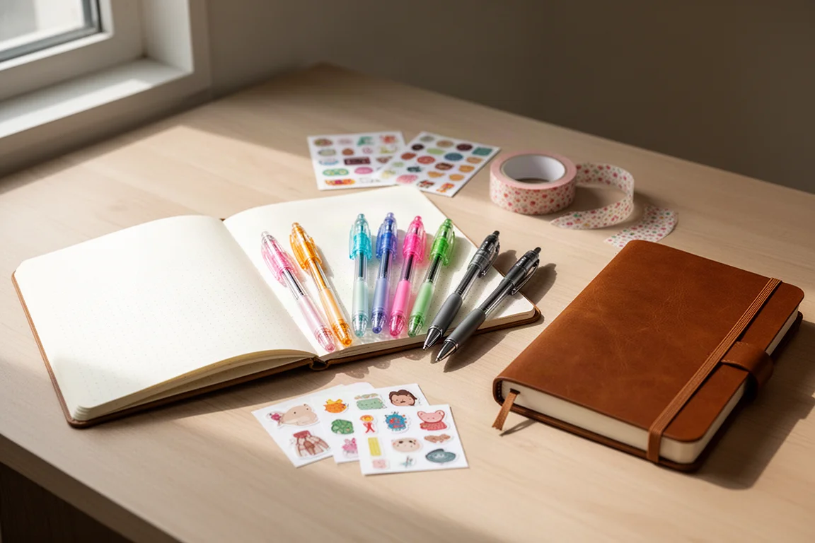 Flat-lay of journals, pens, washi tape, and stickers on a wooden desk