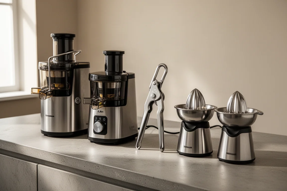 A lineup of electric and manual juicers arranged on a concrete kitchen counter