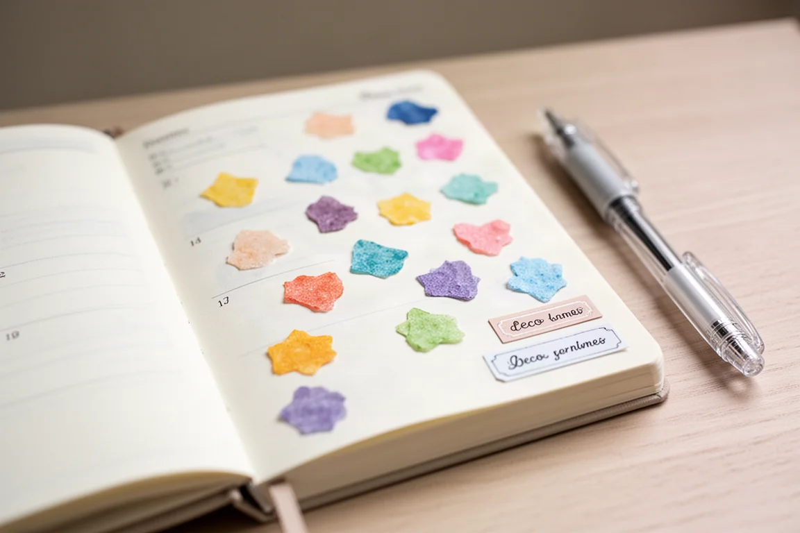 A planner page decorated with colorful flake stickers and deco labels