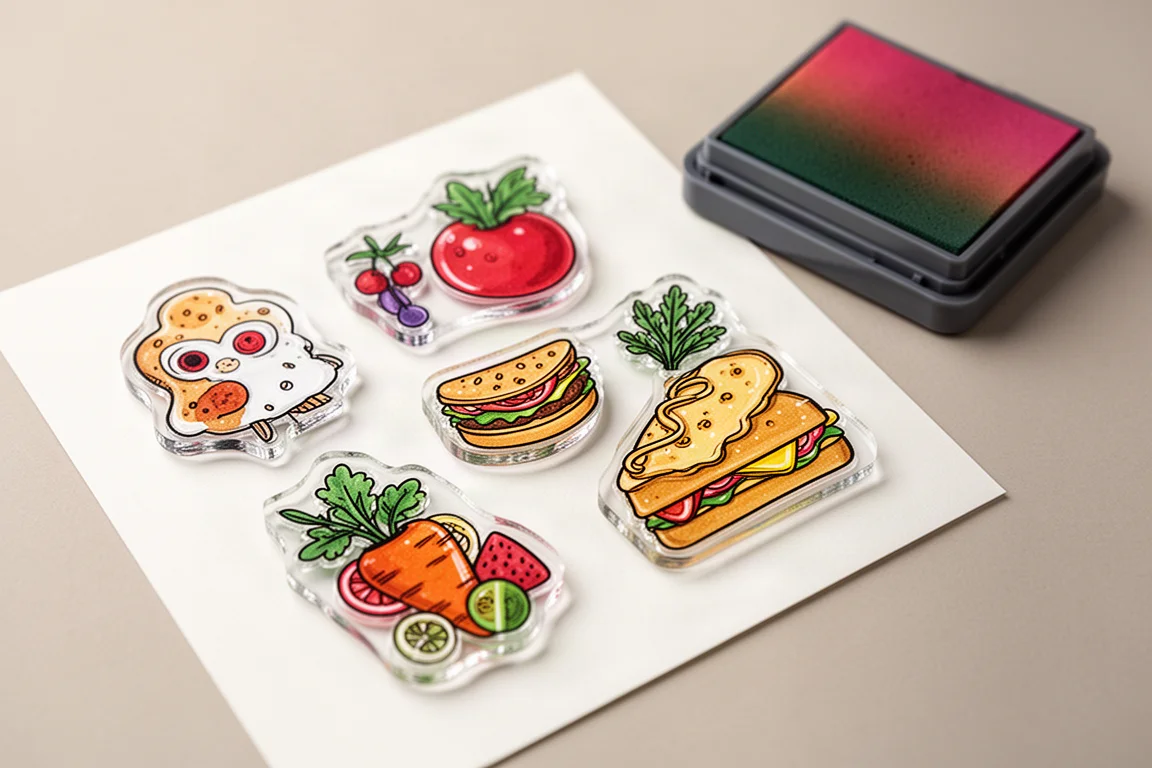 Layered clear stamps forming playful food shapes on paper