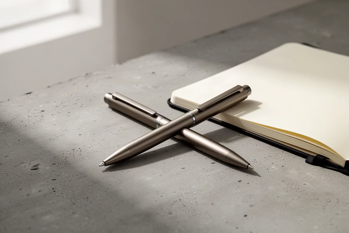 A slim metal multi pen resting on a clean desk surface