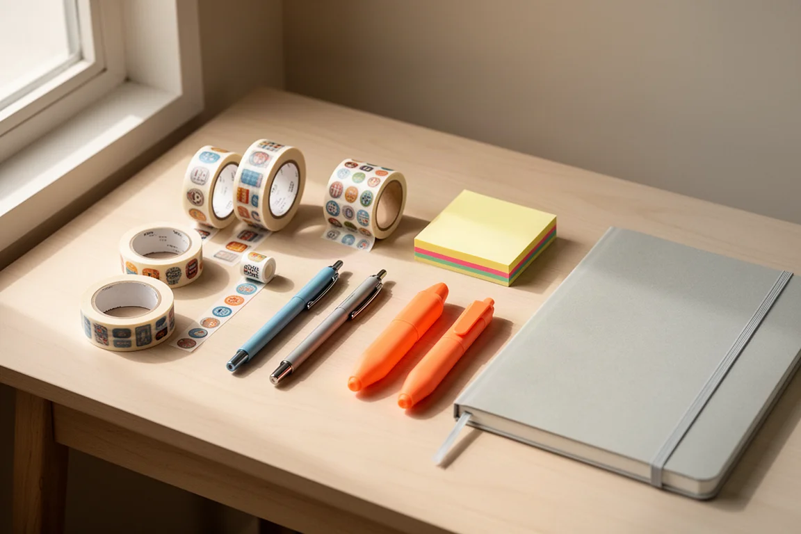 Composizione flat-lay con washi tape, rotoli di sticker, penne, post-it e un album da disegno su una scrivania in legno