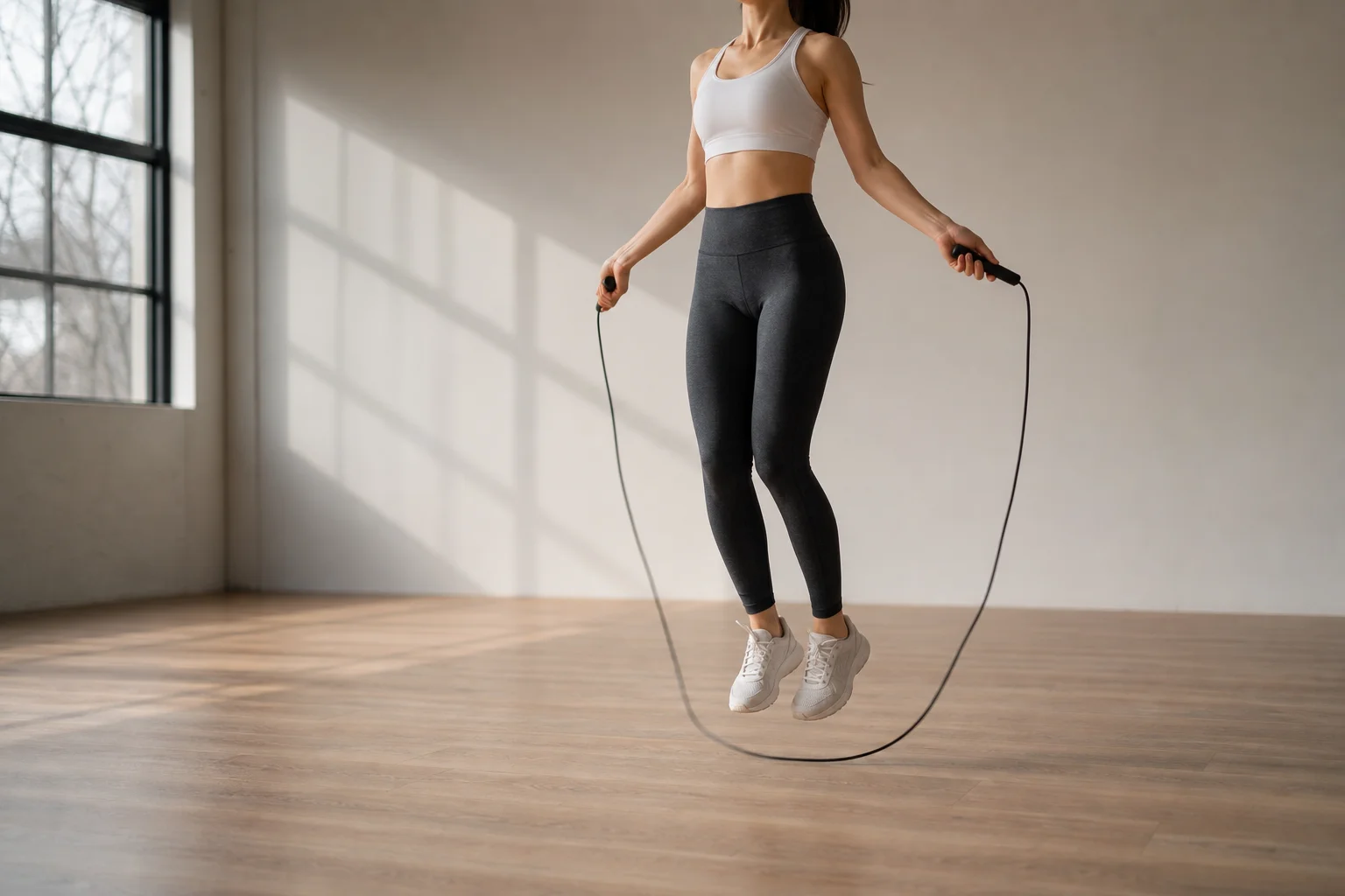 Person performing jump rope workout indoors on smooth wooden floor