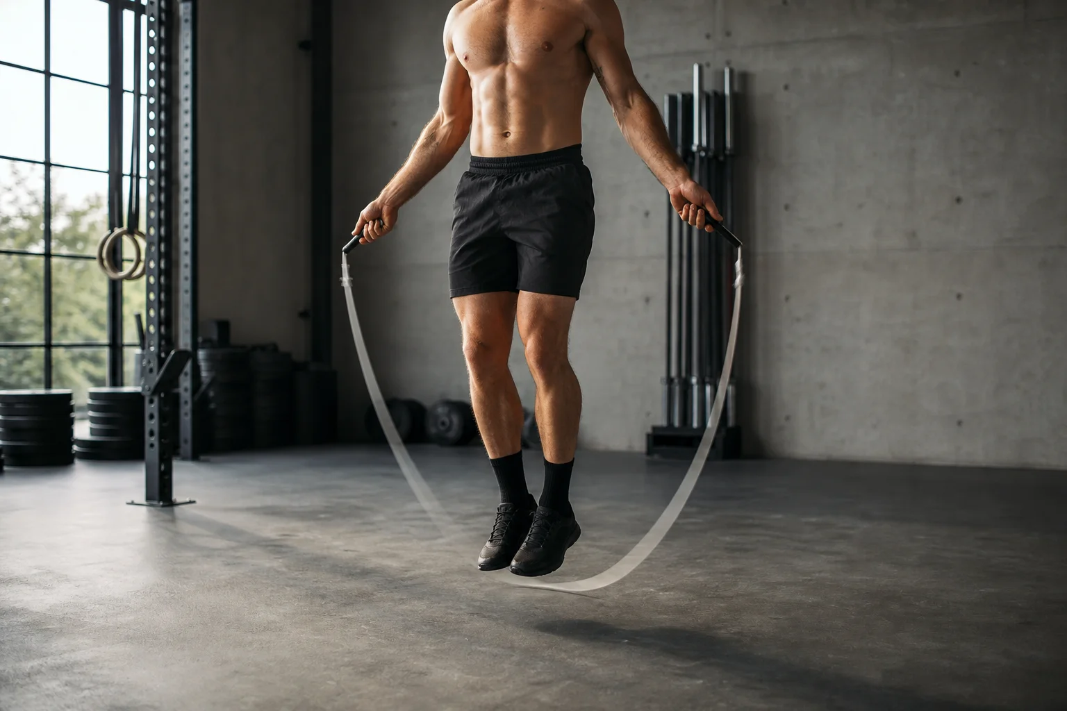 Crossfit athlete performing double unders with premium jump rope