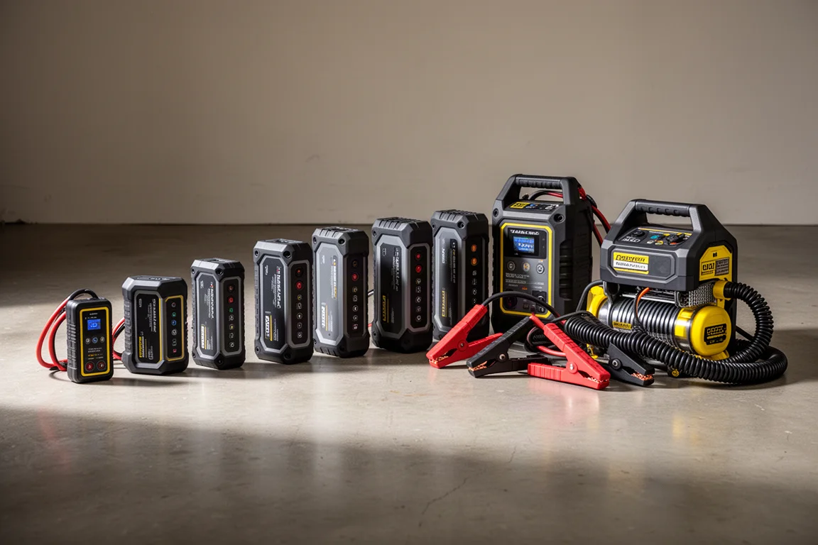 Row of thirteen portable jump starter units of varying sizes on a concrete floor
