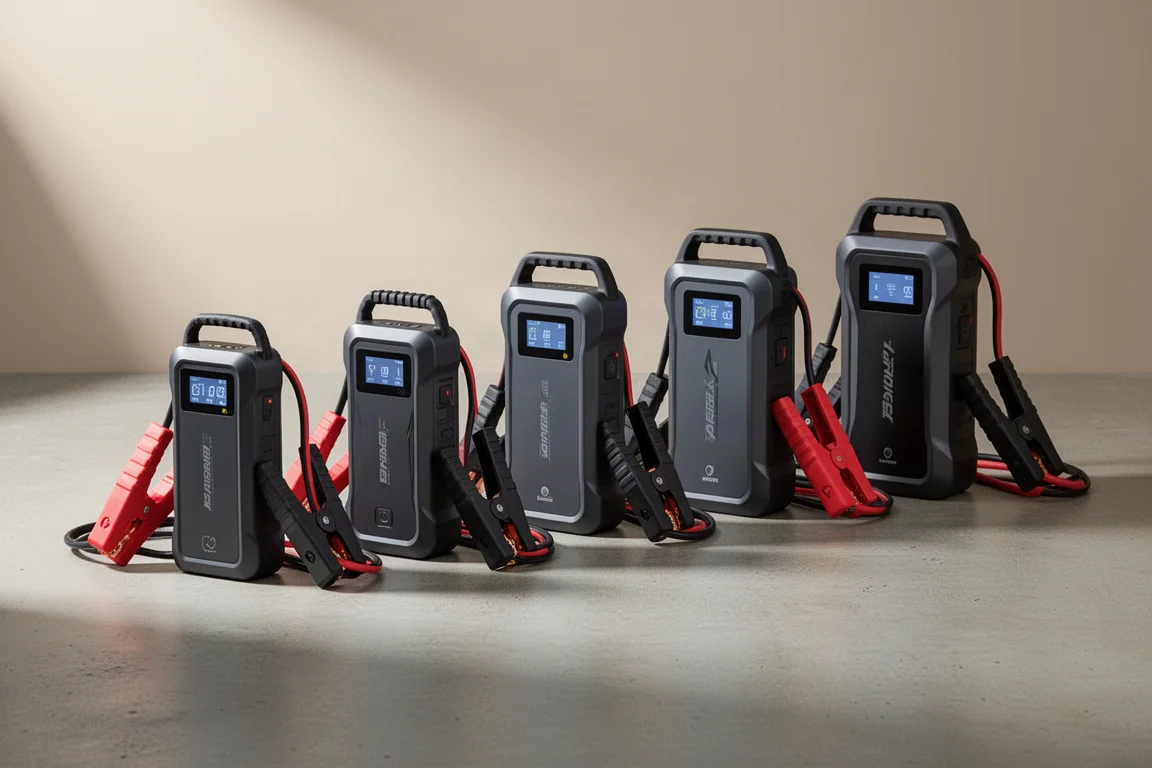 Seven portable jump starter packs with clamps arranged on a concrete surface