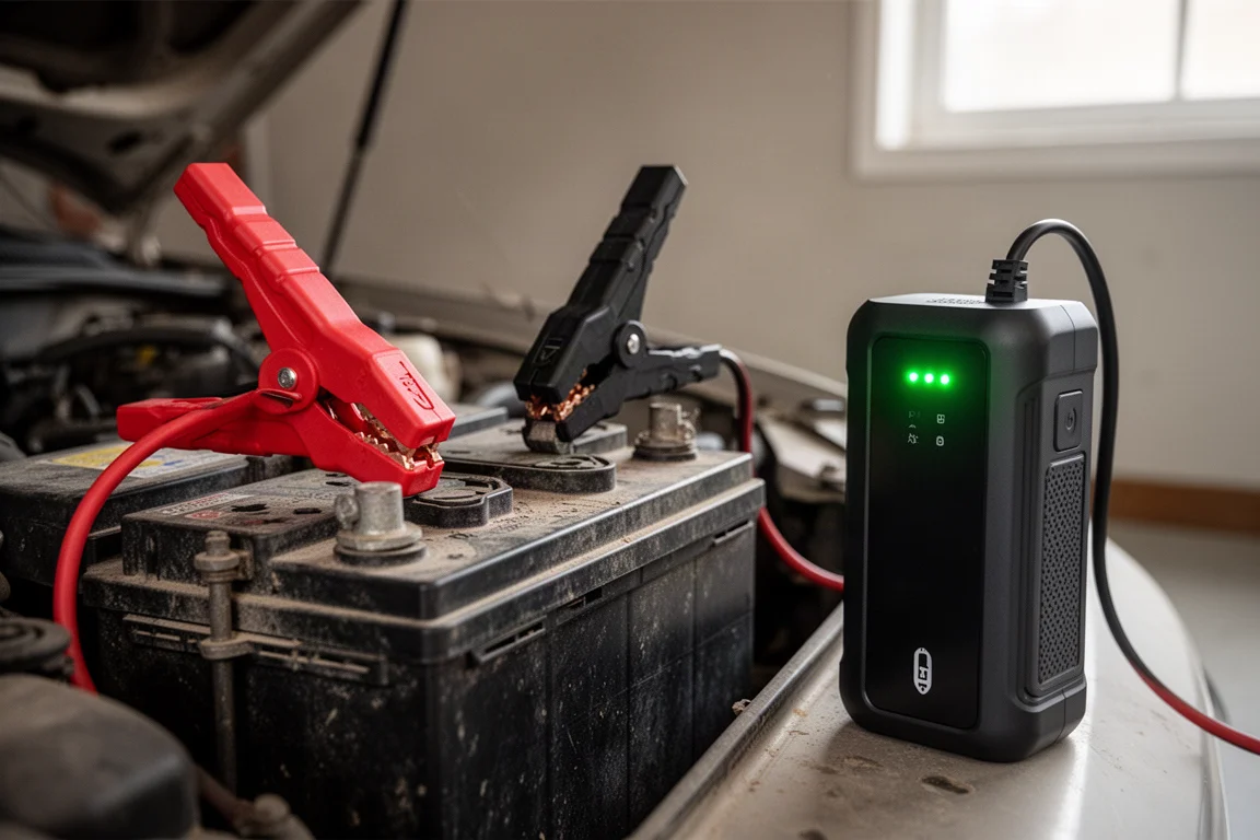 Una batteria auto scarica collegata a un avviatore di emergenza portatile con pinze per il avviamento