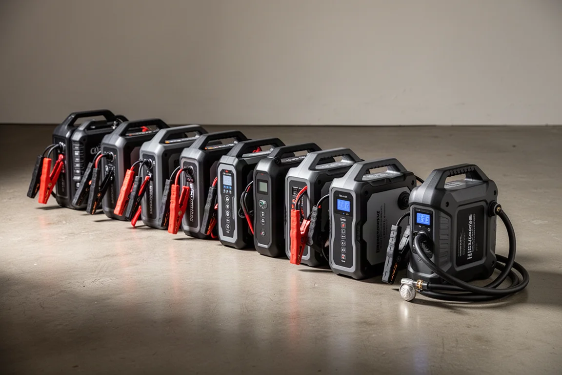 A row of portable jump starters and coiled jumper cables on a concrete garage floor
