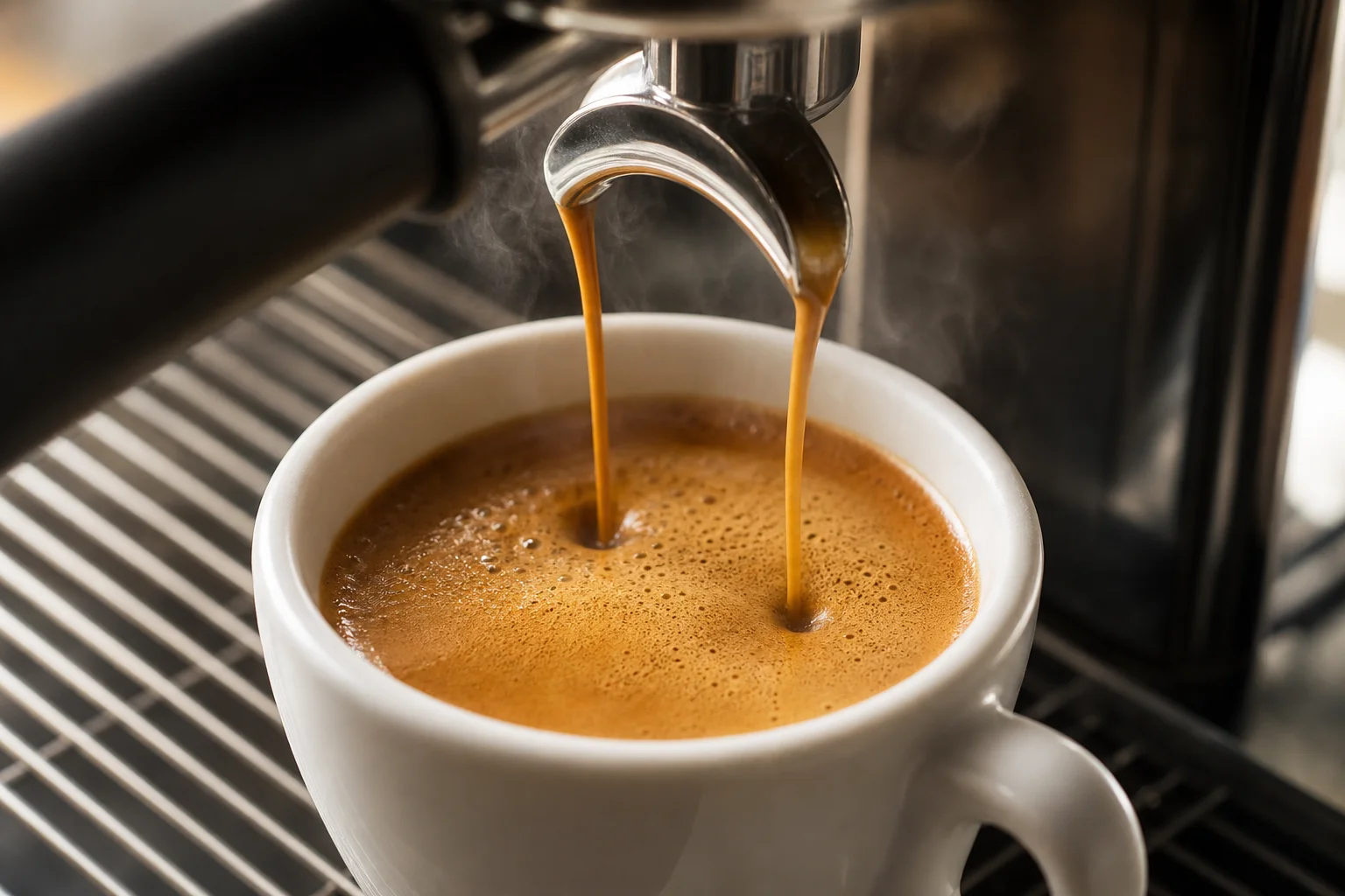 Close-up of espresso pouring into a white cup with rich crema