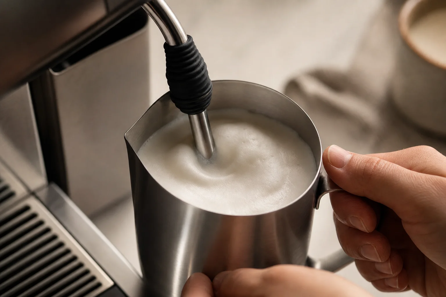 Milk foam being frothed in a metal pitcher with professional technique
