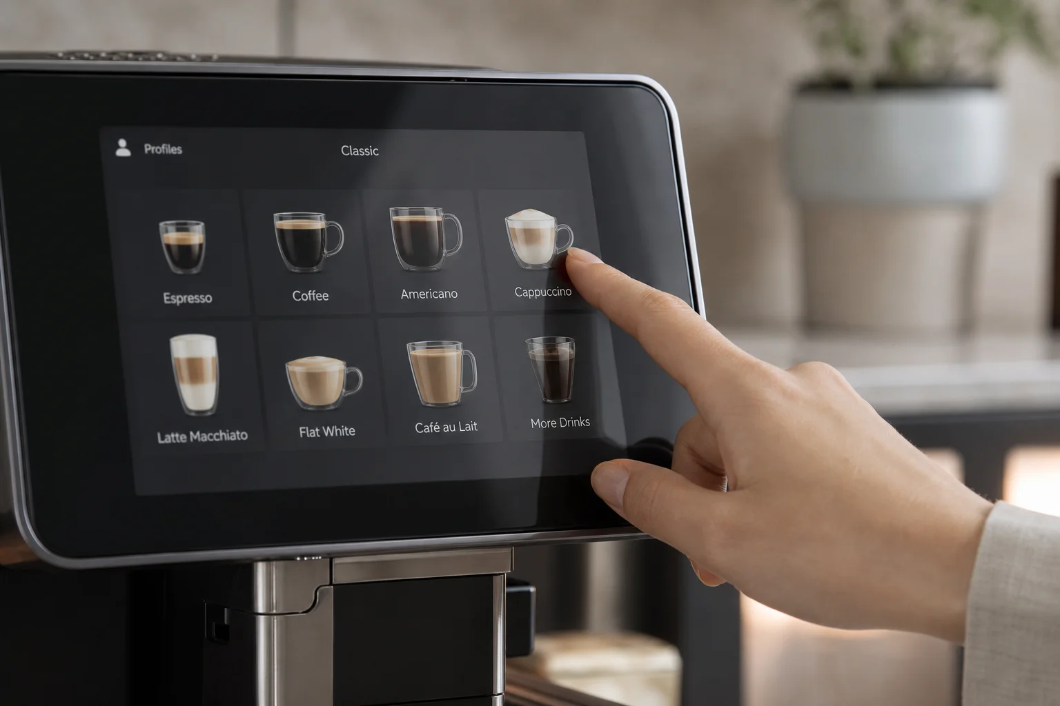 Person's hand touching a large touchscreen display on a coffee machine