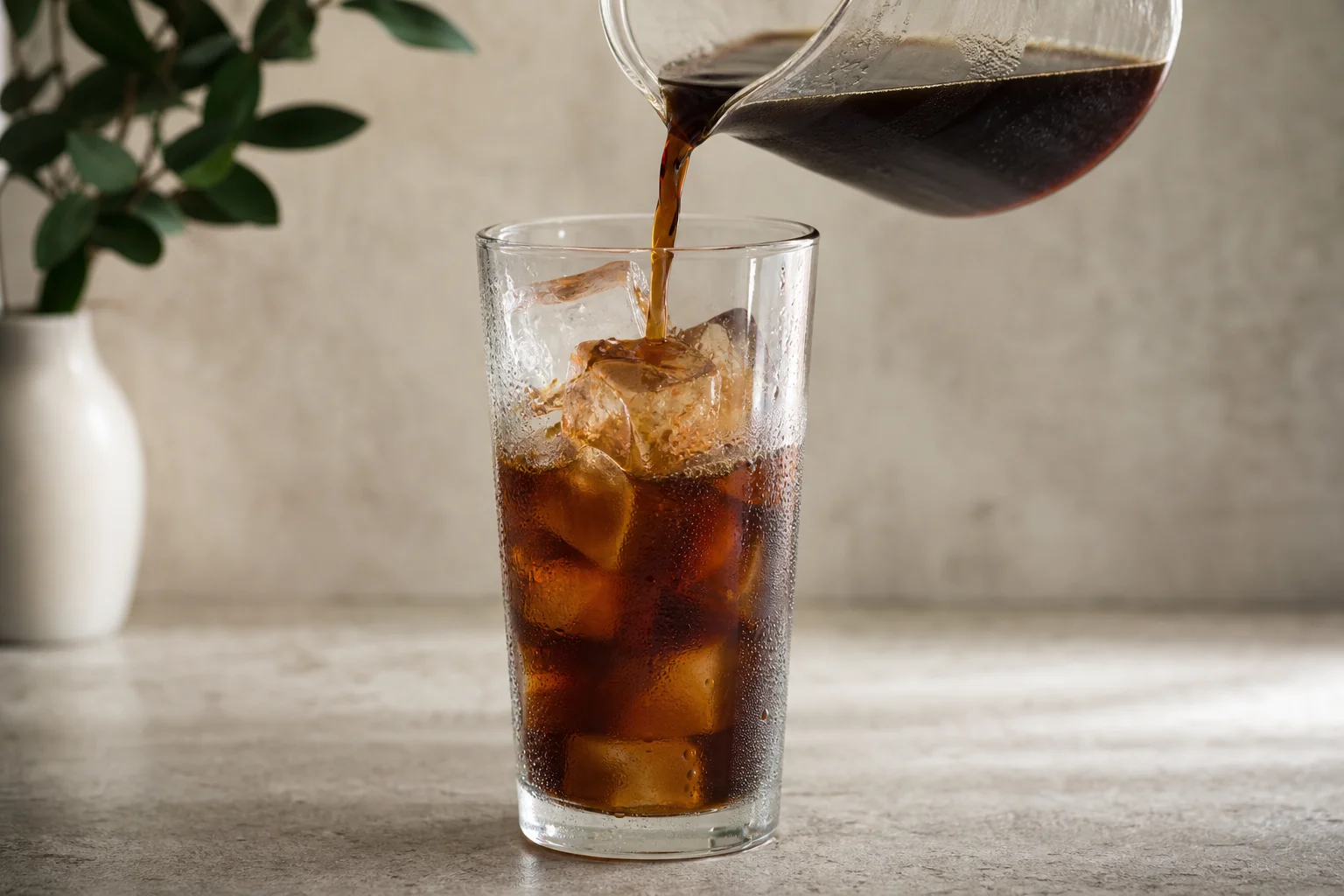 Cold brew coffee being poured over ice in a tall glass