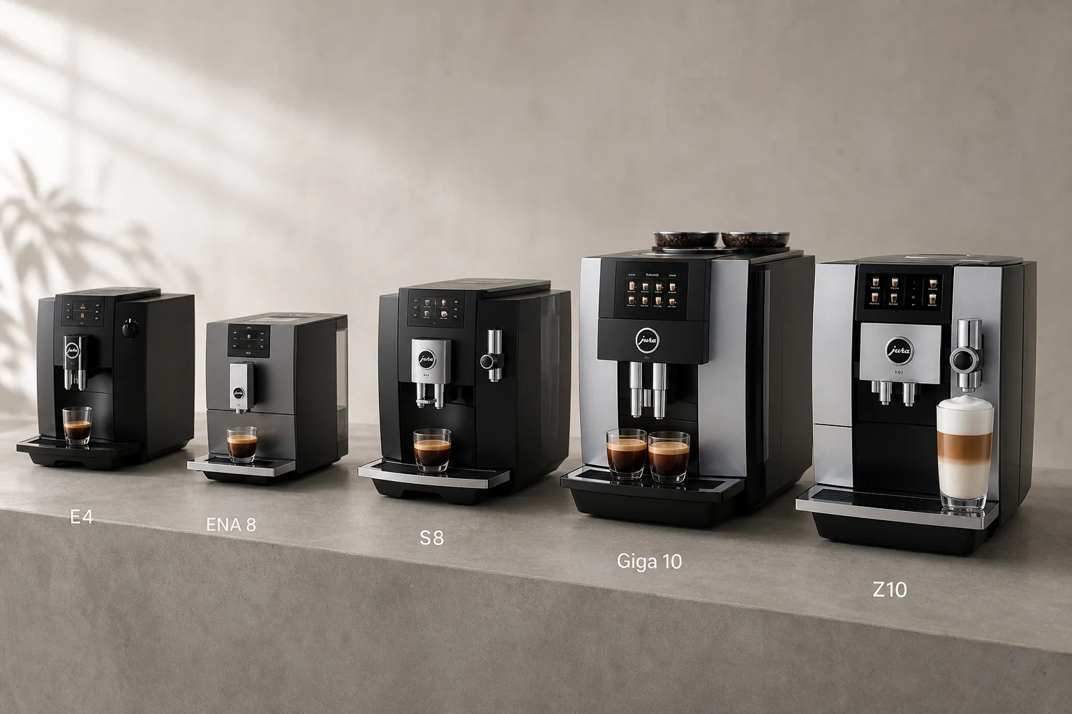 Five Jura espresso machines arranged in a row showing progression from compact to flagship models