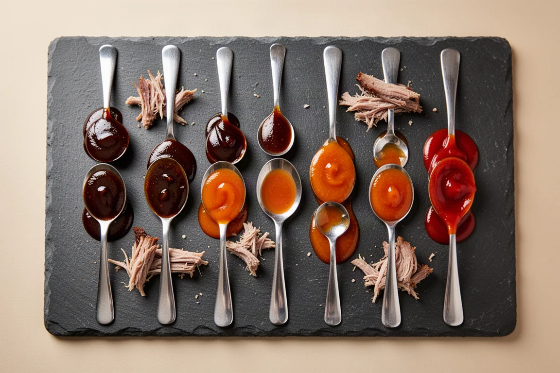 Spoons of barbecue sauce lined up on a slate board showing different textures