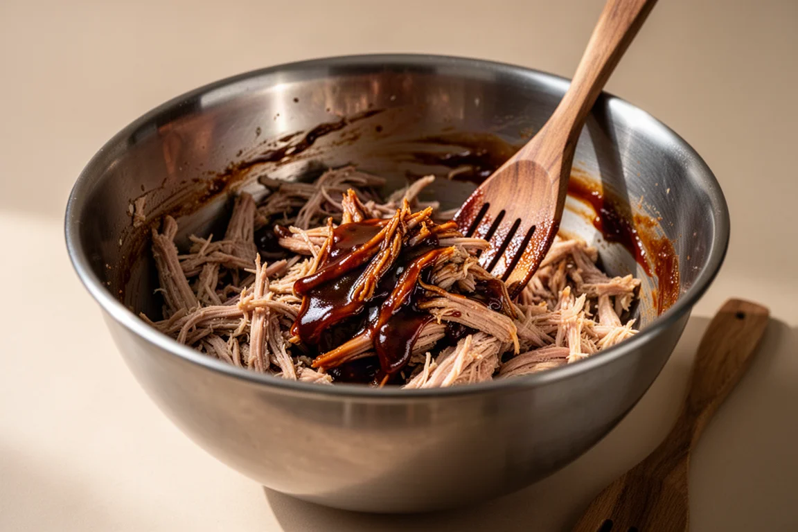 Pulled pork being tossed with barbecue sauce in a mixing bowl