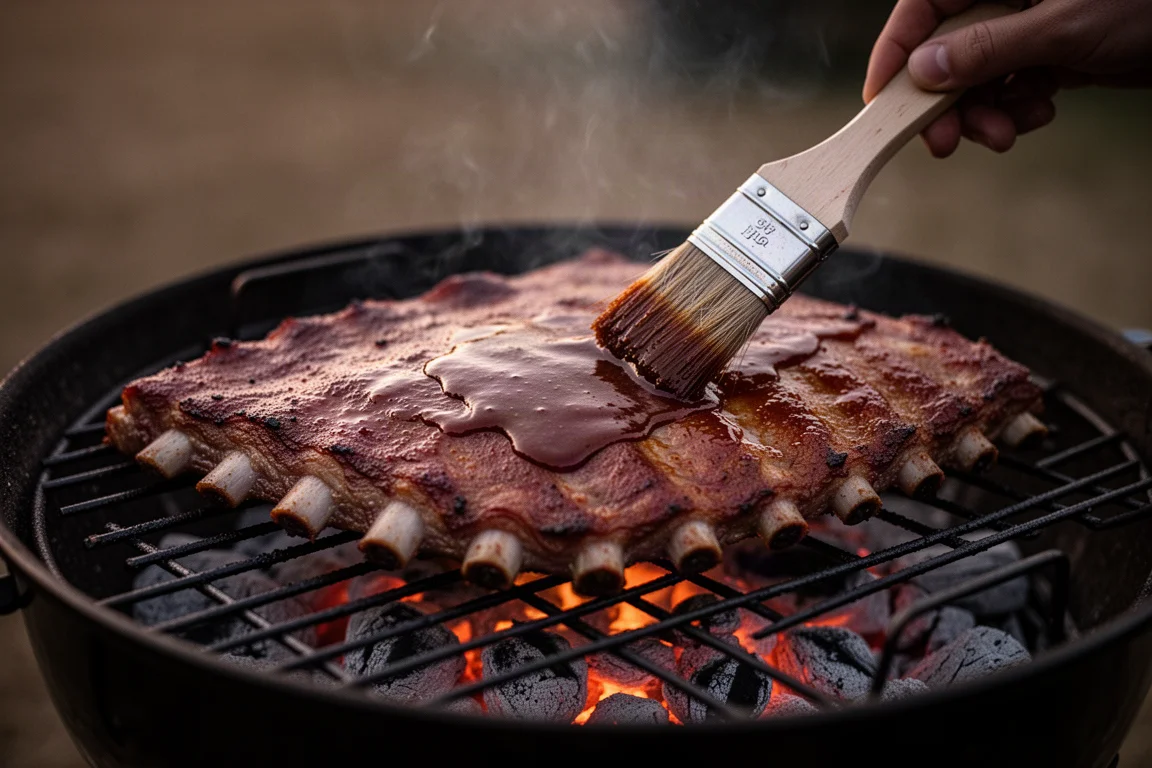 Ribs on a charcoal grill at dusk with sauce being brushed on