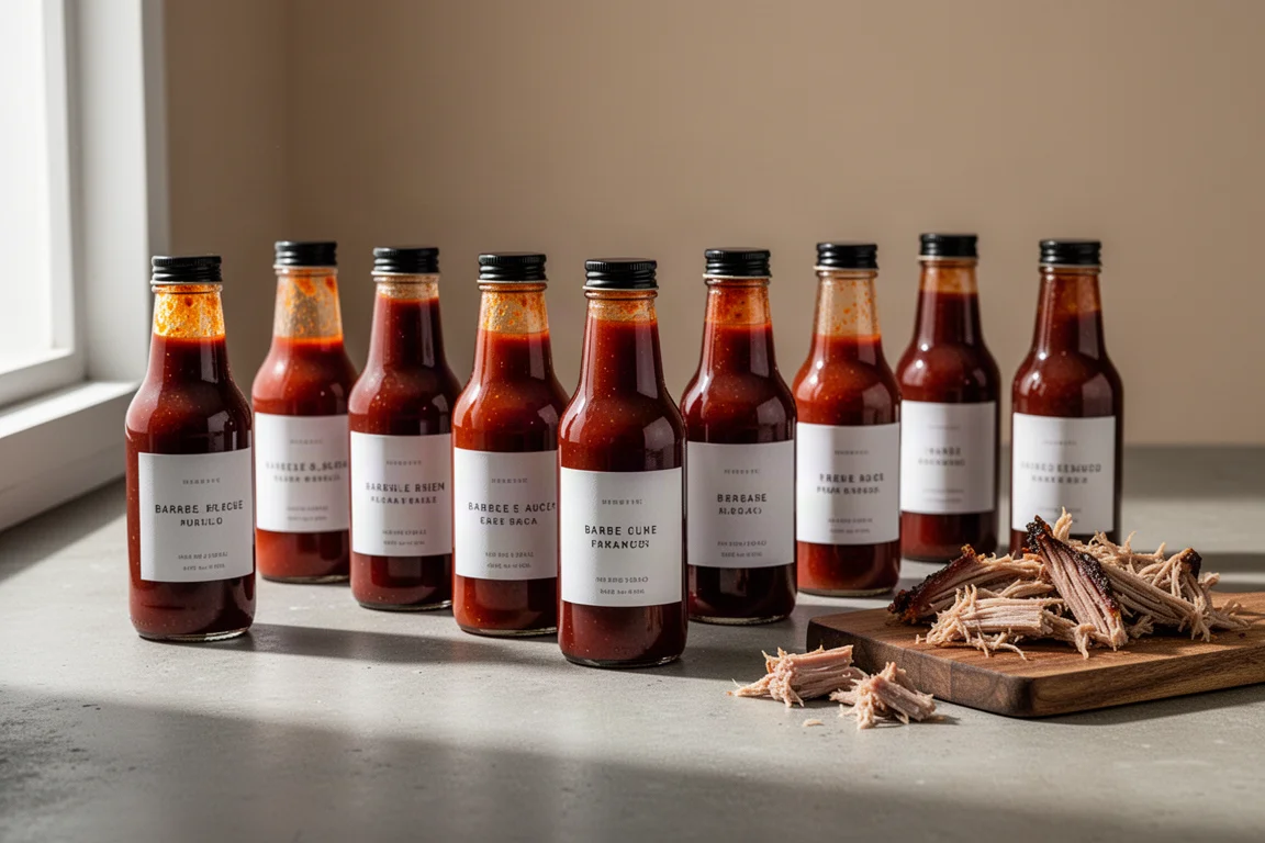 Nine bottles of Kansas City-style barbecue sauce lined up on a concrete surface