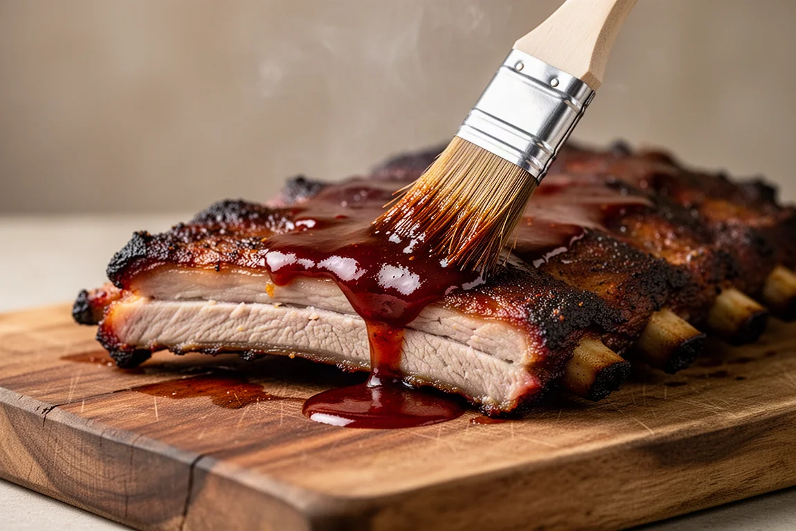Ribs brushed with glossy dark barbecue sauce resting on a wooden cutting board