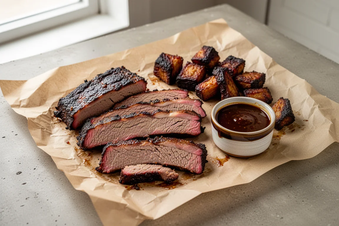 Burnt ends and sliced brisket served on butcher paper beside a bowl of barbecue sauce