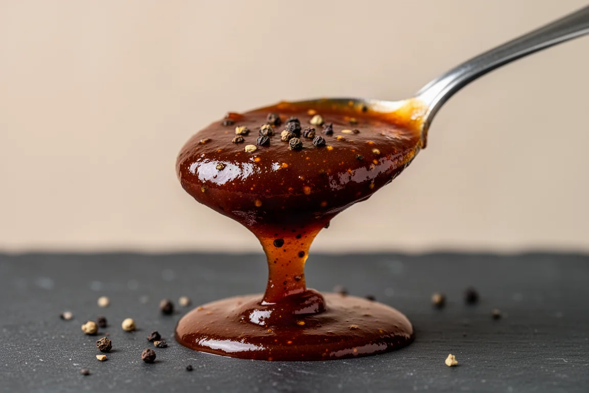Close-up of a dark barbecue sauce with visible specks of cracked black pepper on a spoon