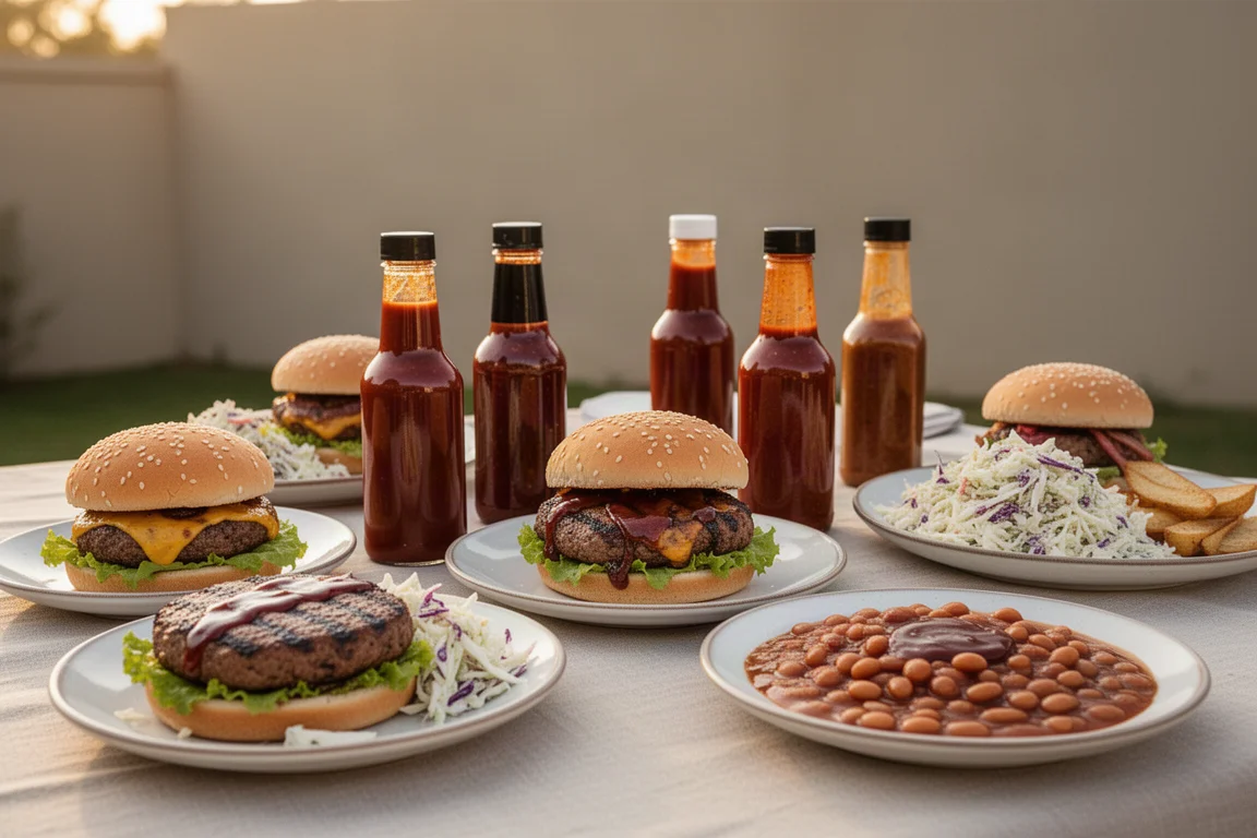 Barbecue sauce bottles lined up on a table beside grilled burgers and side dishes at a backyard cookout