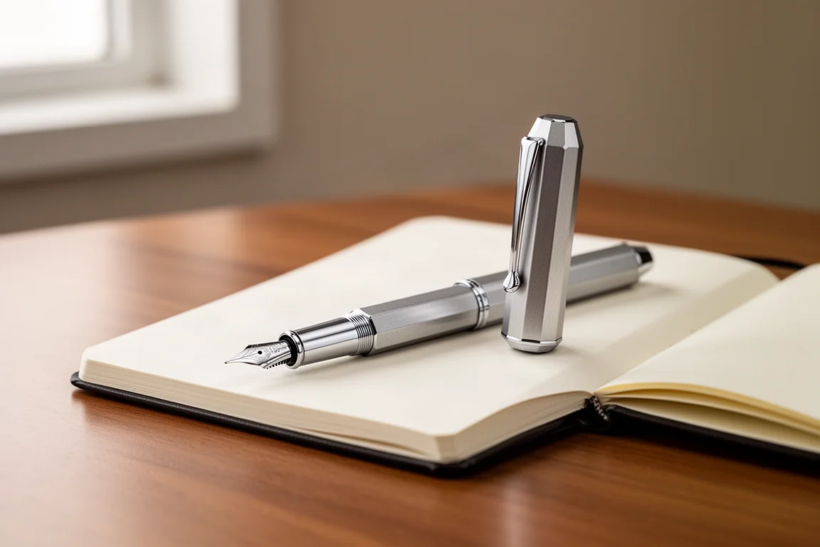Un stylo plume de poche compact dont le capuchon est fixé à l'arrière du corps
