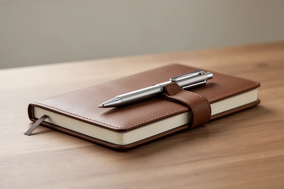 Un petit stylo en aluminium attaché à la couverture d'un carnet