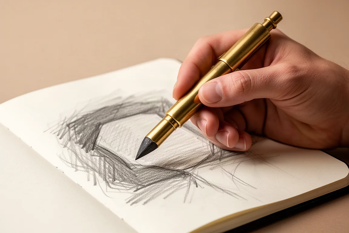 Un gros crayon à mine tenue au-dessus d'un carnet de croquis pendant un dessin