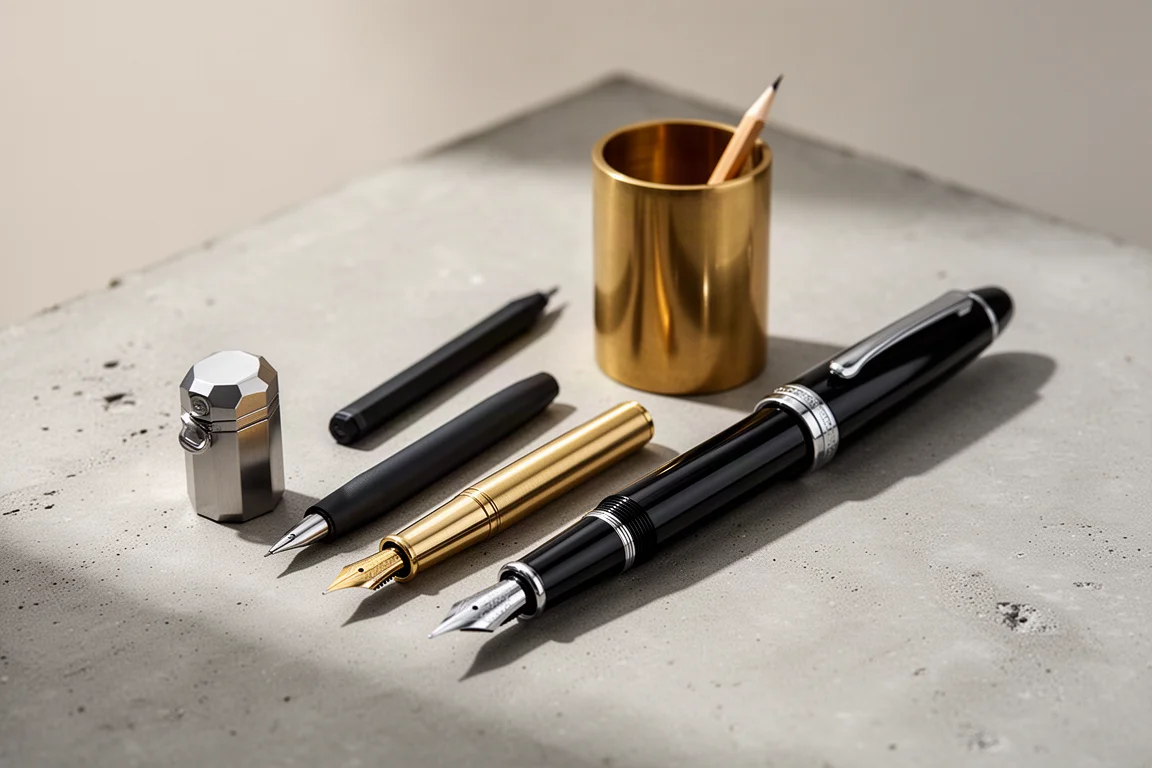 A lineup of metal Kaweco writing instruments on a concrete surface