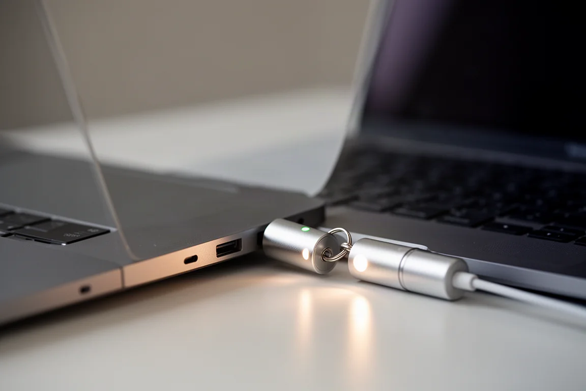 一个人将迷你手电筒直接插入笔记本电脑 USB 接口充电