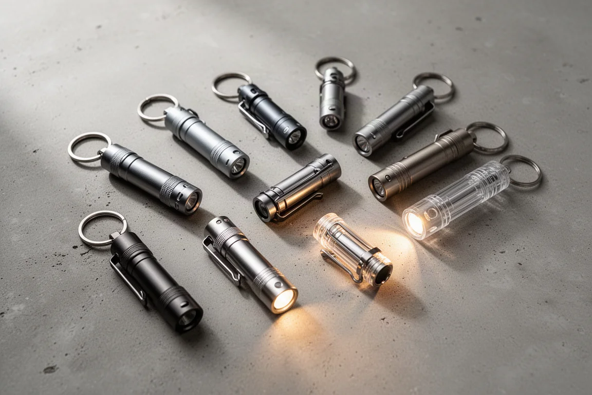 Ten small keychain flashlights in varied finishes arranged on a concrete surface