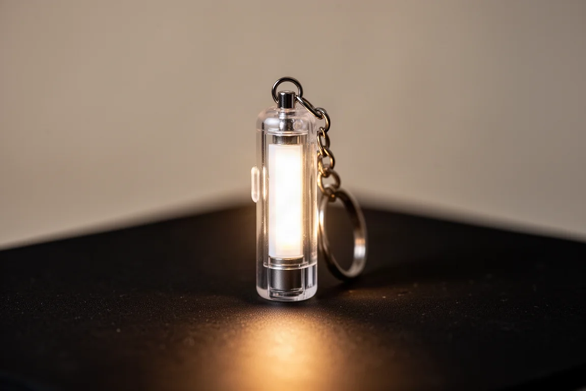 Lanterna de chaveiro com corpo transparente brilhando com luz branca lateral